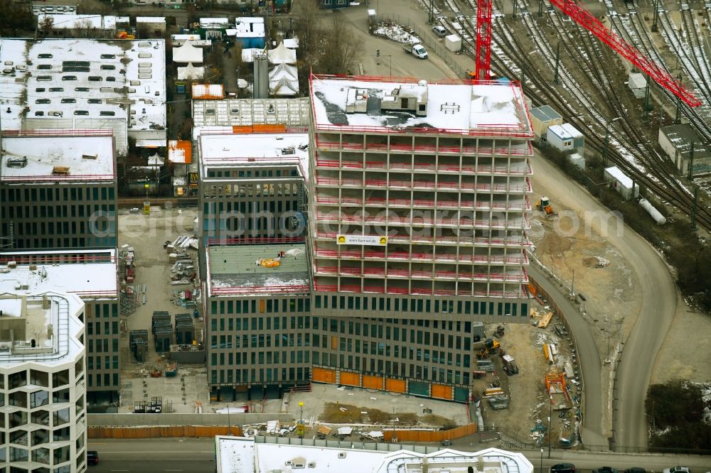 München from above - Building site office building Kap West on Friedenheimer Bruecke corner Birketweg in the district Hirschgarten in Munich in the state Bavaria, Germany