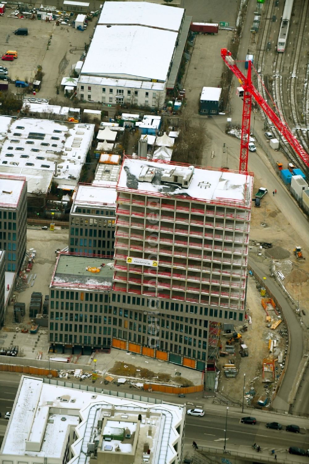 München from the bird's eye view: Building site office building Kap West on Friedenheimer Bruecke corner Birketweg in the district Hirschgarten in Munich in the state Bavaria, Germany