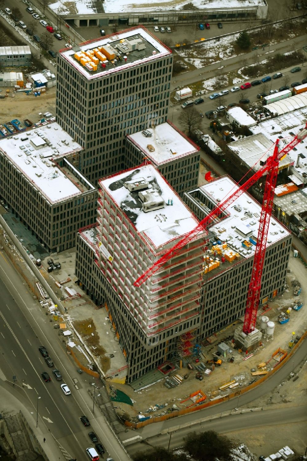 Aerial photograph München - Building site office building Kap West on Friedenheimer Bruecke corner Birketweg in the district Hirschgarten in Munich in the state Bavaria, Germany