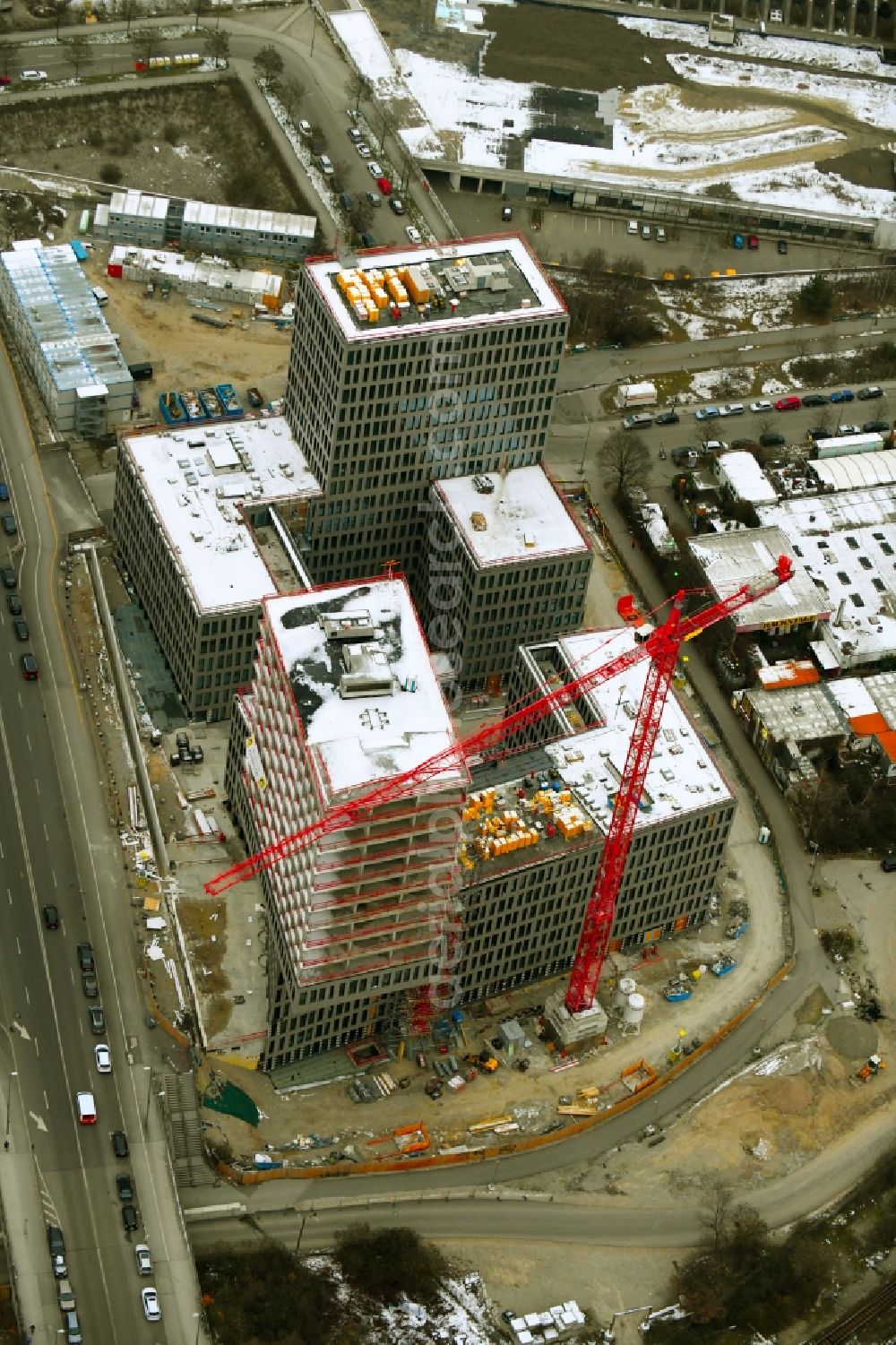 München from above - Building site office building Kap West on Friedenheimer Bruecke corner Birketweg in the district Hirschgarten in Munich in the state Bavaria, Germany