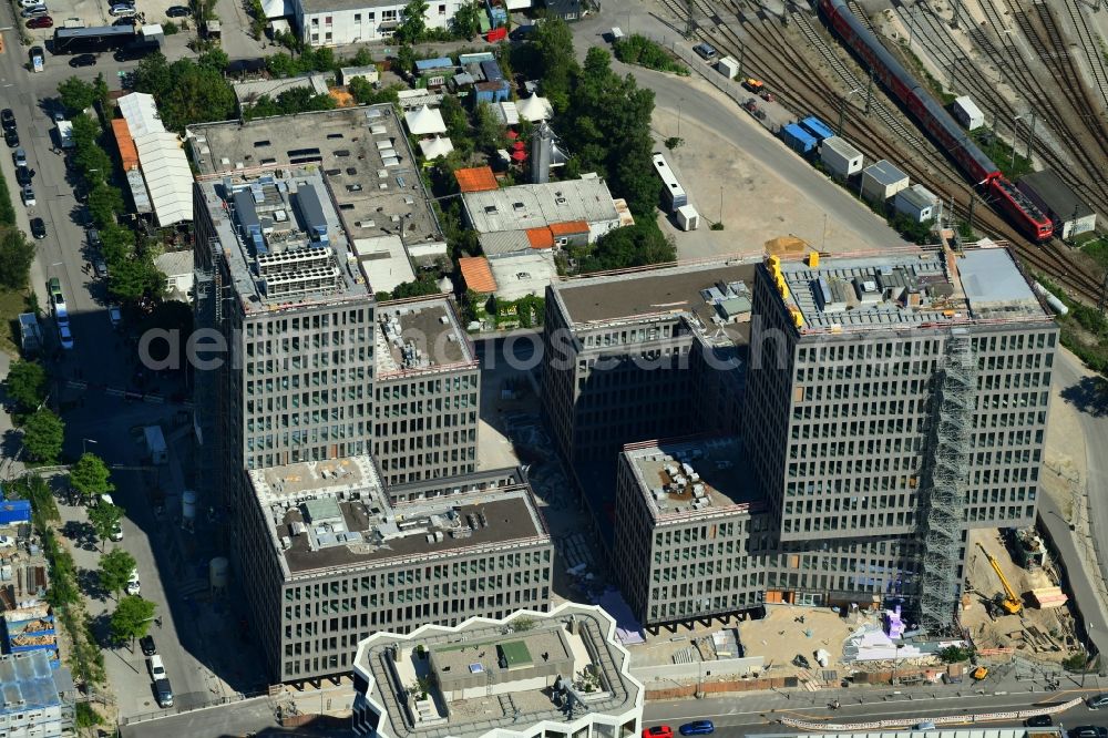 München from the bird's eye view: Building site office building Kap West on Friedenheimer Bruecke corner Birketweg in the district Hirschgarten in Munich in the state Bavaria, Germany