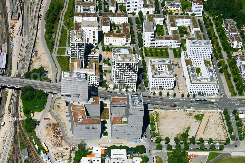 München from above - Building site office building Kap West on Friedenheimer Bruecke corner Birketweg in the district Hirschgarten in Munich in the state Bavaria, Germany