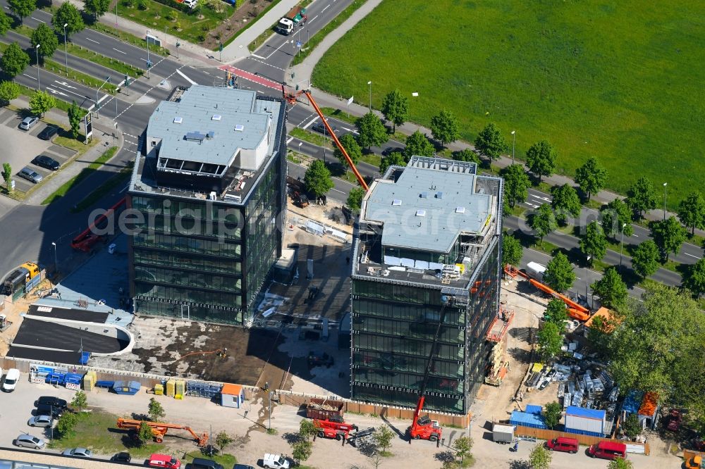 Mönchengladbach from the bird's eye view: Building site office building Paspartou on Albert-Bruells-Strasse - Am Nordpark in Moenchengladbach in the state North Rhine-Westphalia, Germany