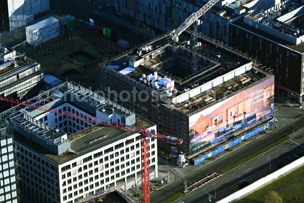 Berlin from above - Building site office building PURE-LIVING:BERLIN on street Muehlenstrasse - Mildred-Harnack-Strasse - Valeska-Gert-Strasse in the district Friedrichshain in Berlin, Germany