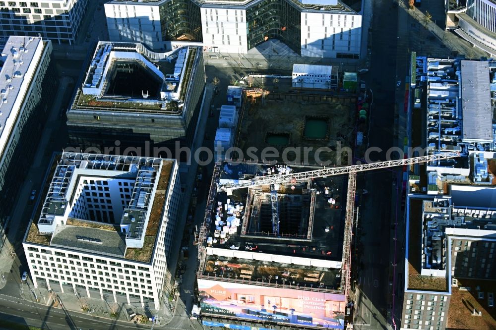 Berlin from above - Building site office building PURE-LIVING:BERLIN on street Muehlenstrasse - Mildred-Harnack-Strasse - Valeska-Gert-Strasse in the district Friedrichshain in Berlin, Germany