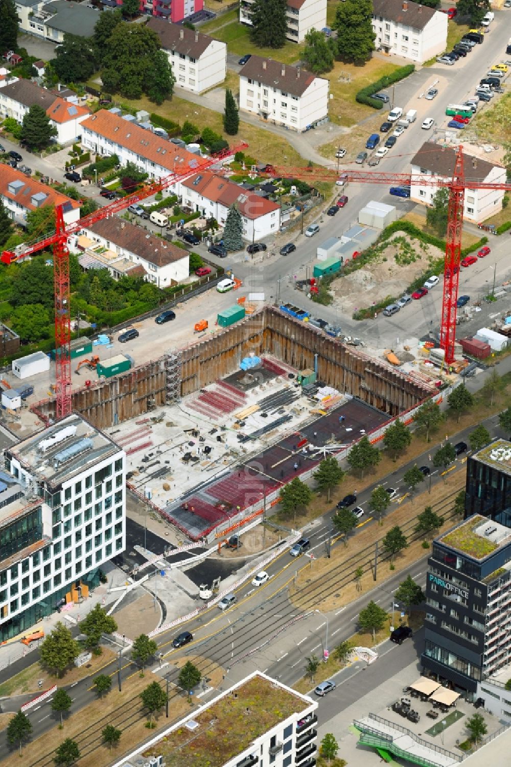 Karlsruhe from the bird's eye view: Building site office building of the WBV weisenburger bau + verwaltung gmbh on Ludwig-Erhard-Allee in Karlsruhe in the state Baden-Wurttemberg, Germany