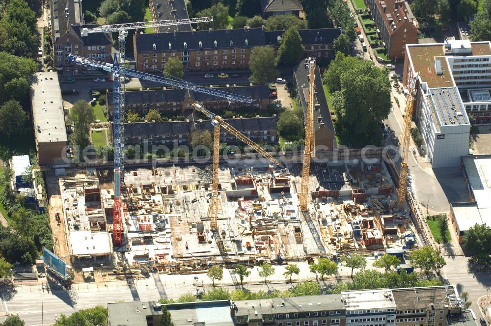 Aerial photograph Hamburg - Blick auf eine Baustelle eines Büro- und Geschäftsgebäude in Sankt Georg, Anschrift: Steindamm 90-106. Ansprechpartner: CORPUS SIREO, Asset Management GmbH, An der Welle 3, 60322 Frankfurt am Main, Tel. +49(0)69 48005 0, Fax +49(0)69 48005 102, Email: frankfurt@corpussireo.com