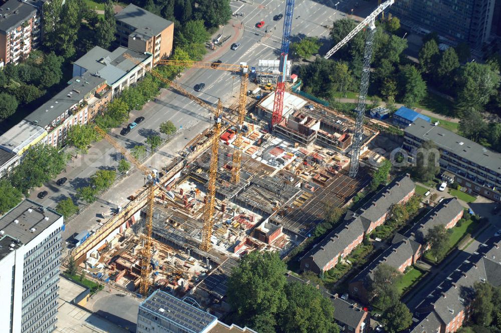 Hamburg from the bird's eye view: Blick auf eine Baustelle eines Büro- und Geschäftsgebäude in Sankt Georg, Anschrift: Steindamm 90-106. Ansprechpartner: CORPUS SIREO, Asset Management GmbH, An der Welle 3, 60322 Frankfurt am Main, Tel. +49(0)69 48005 0, Fax +49(0)69 48005 102, Email: frankfurt@corpussireo.com