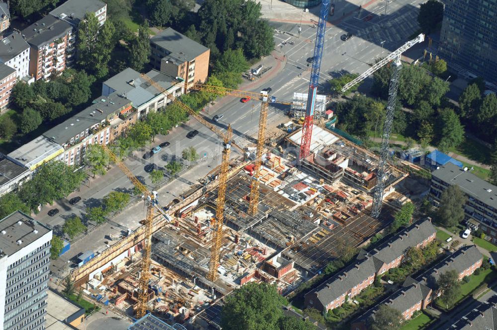 Aerial image Hamburg - Blick auf eine Baustelle eines Büro- und Geschäftsgebäude in Sankt Georg, Anschrift: Steindamm 90-106. Ansprechpartner: CORPUS SIREO, Asset Management GmbH, An der Welle 3, 60322 Frankfurt am Main, Tel. +49(0)69 48005 0, Fax +49(0)69 48005 102, Email: frankfurt@corpussireo.com