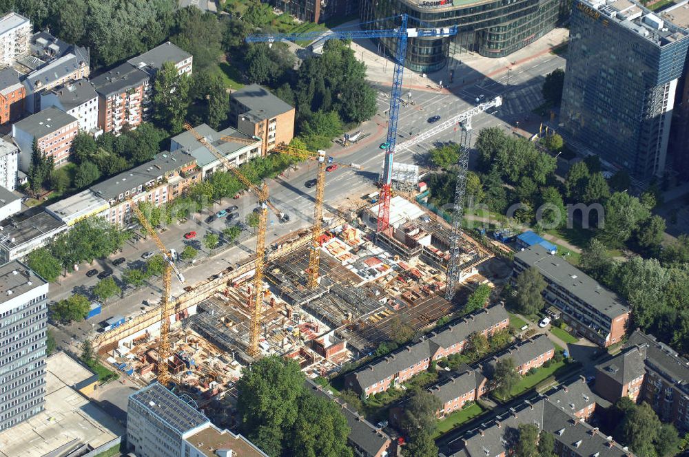 Aerial photograph Hamburg - Blick auf eine Baustelle eines Büro- und Geschäftsgebäude in Sankt Georg, Anschrift: Steindamm 90-106. Ansprechpartner: CORPUS SIREO, Asset Management GmbH, An der Welle 3, 60322 Frankfurt am Main, Tel. +49(0)69 48005 0, Fax +49(0)69 48005 102, Email: frankfurt@corpussireo.com