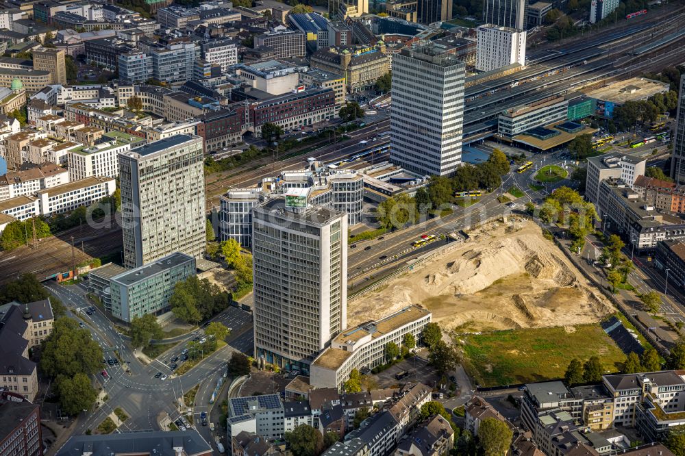 Aerial image Essen - Construction site, renovation work, modernization of the Thyssenhauses commercial building on Kruppstrasse in Essen in the Ruhr area in the state of North Rhine-Westphalia