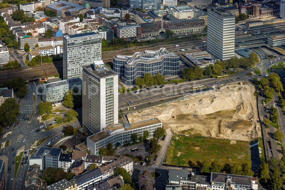 Aerial photograph Essen - Construction site, renovation work, modernization of the Thyssenhauses commercial building on Kruppstrasse in Essen in the Ruhr area in the state of North Rhine-Westphalia