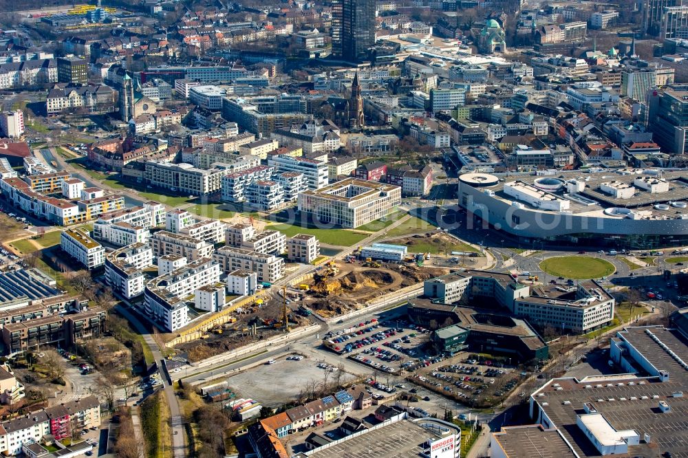 Essen from above - Construction site of the office and company building of Funke Media Group on Berliner Platz in the University Quarter in Essen in the state of North Rhine-Westphalia