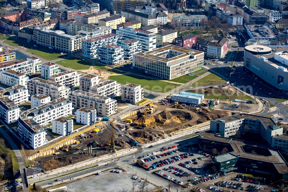 Essen from the bird's eye view: Construction site of the office and company building of Funke Media Group on Berliner Platz in the University Quarter in Essen in the state of North Rhine-Westphalia