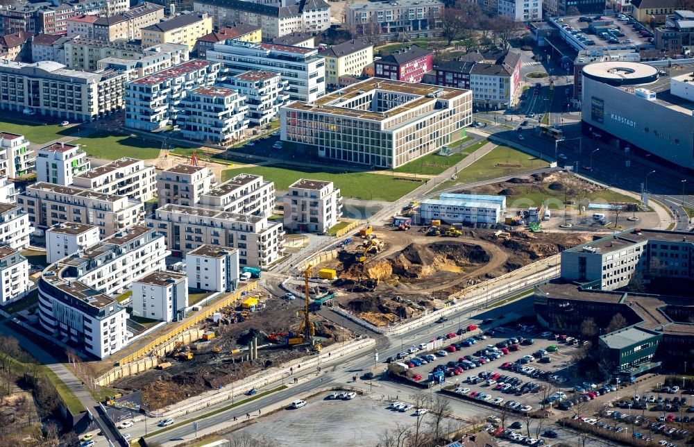 Aerial photograph Essen - Construction site of the office and company building of Funke Media Group on Berliner Platz in the University Quarter in Essen in the state of North Rhine-Westphalia