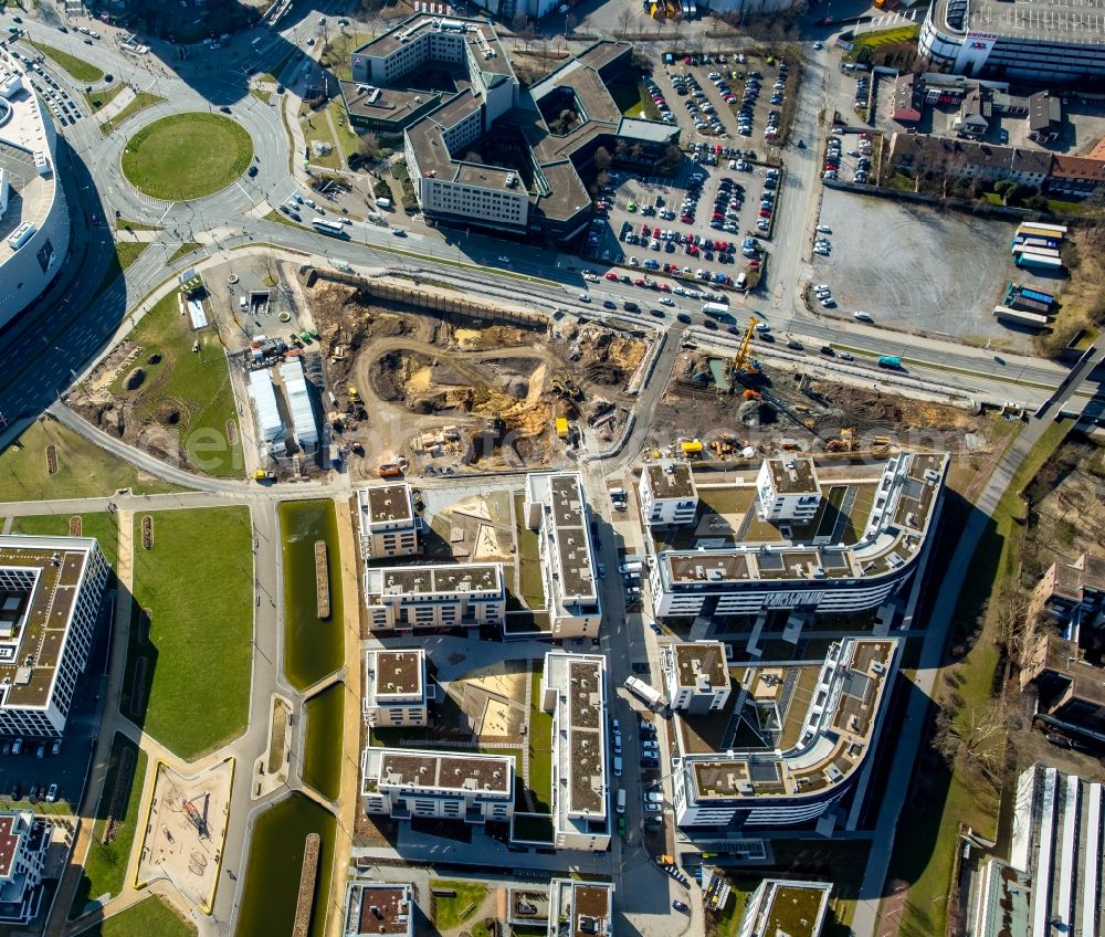 Aerial image Essen - Construction site of the office and company building of Funke Media Group on Berliner Platz in the University Quarter in Essen in the state of North Rhine-Westphalia