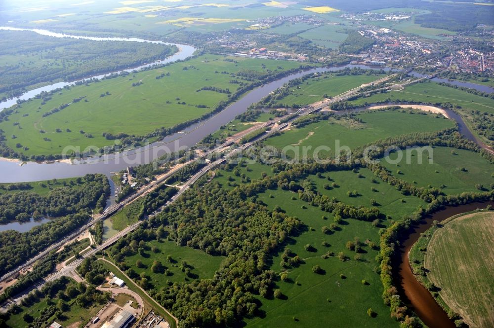 Dessau-Roßlau from the bird's eye view: Construction site of the A-Road expansion in the nature reserve Untere Mulde at the Elbe river in Dessau-Rosslau in the state Saxony-Anhalt