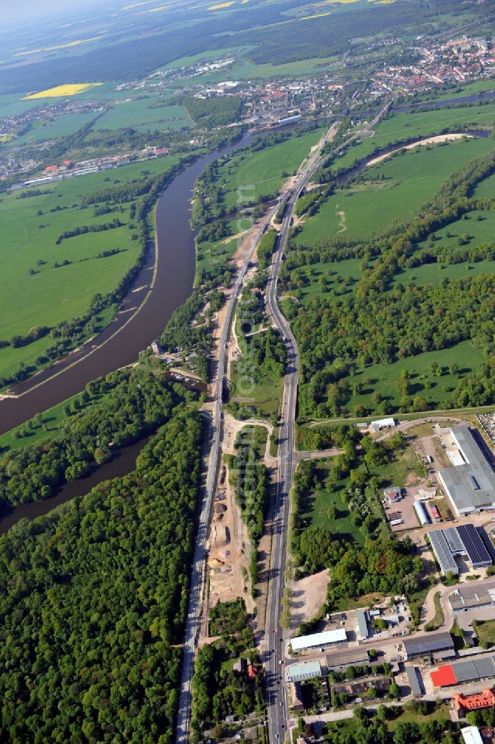 Aerial image Dessau-Roßlau - Construction site of the A-Road expansion in the nature reserve Untere Mulde at the Elbe river in Dessau-Rosslau in the state Saxony-Anhalt