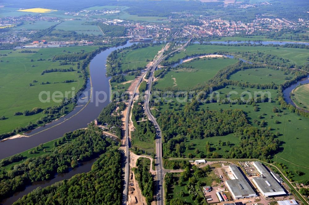 Aerial photograph Dessau-Roßlau - Construction site of the A-Road expansion in the nature reserve Untere Mulde at the Elbe river in Dessau-Rosslau in the state Saxony-Anhalt