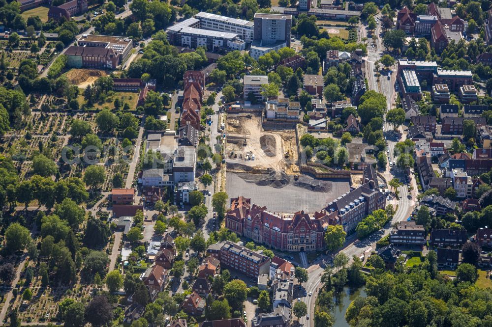 Münster from the bird's eye view: Construction site of the Muenster University of Applied Sciences for the new Hueffer Campus on Robert-Koch-Strasse in Muenster in the state of North Rhine-Westphalia, Germany