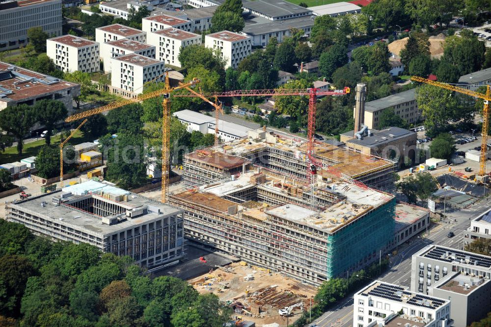 Frankfurt am Main OT Westend from the bird's eye view: Construction site at the Westend campus at the Goethe University Frankfurt at the Main in Hesse