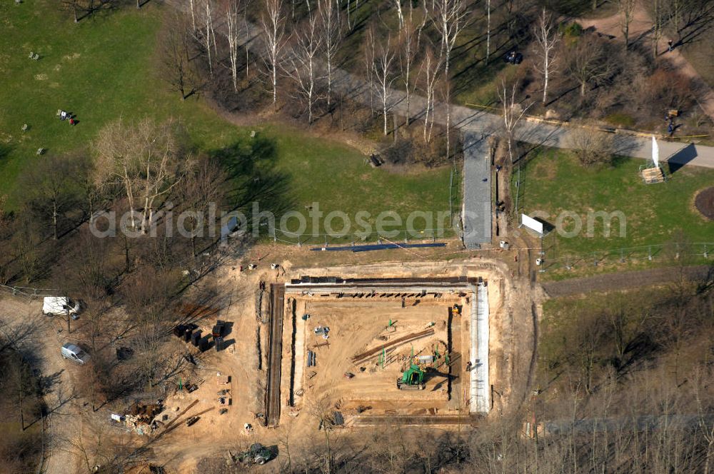 Berlin Marzahn from the bird's eye view: Baustelle Christlicher Garten in den Gärten der Welt im Erholungspark Marzahn. Construction site Christian Garden in the Gardens of the World in the Marzahn Recreational Park.