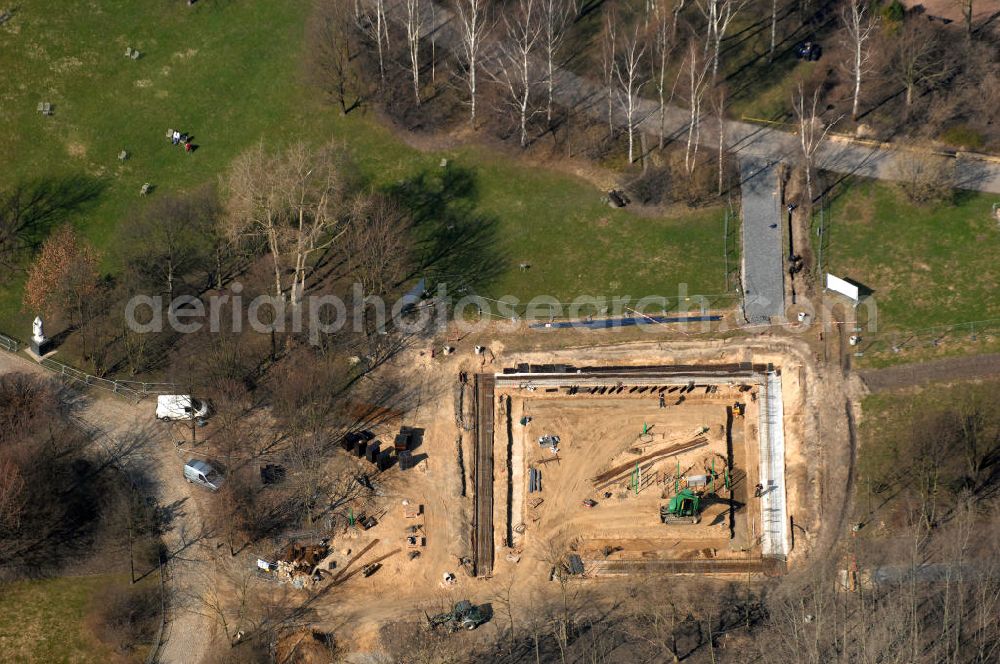 Aerial image Berlin Marzahn - Baustelle Christlicher Garten in den Gärten der Welt im Erholungspark Marzahn. Construction site Christian Garden in the Gardens of the World in the Marzahn Recreational Park.