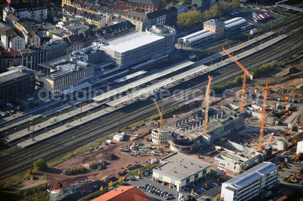 Aschaffenburg from above - View over the construction site of the new building Dammer Tor Carre on to the main station Aschaffenburg in Bavaria