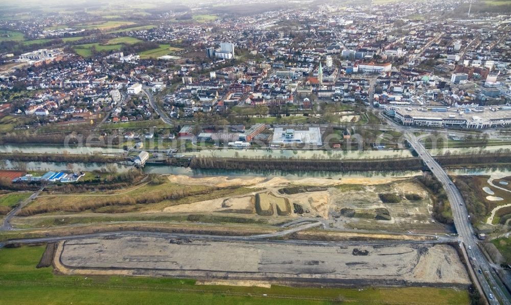 Hamm from the bird's eye view: Construction site for the laying of a flood protection dam on the Lippe on Jupp-Eickhoff-Weg in the district Heessen in Hamm in the Ruhr area in the state North Rhine-Westphalia, Germany