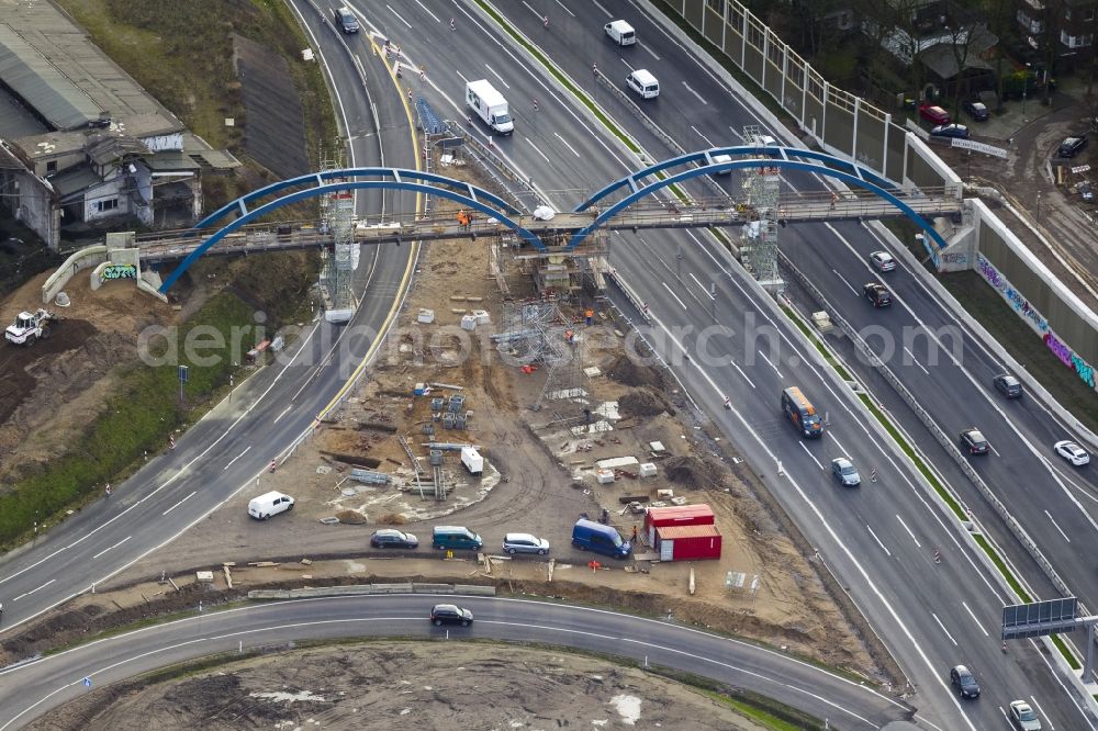 Aerial image Duisburg - Construction site at the traffic junction A59 with look at the two-lane temporary bridge in Duisburg in the state North Rhine-Westphalia