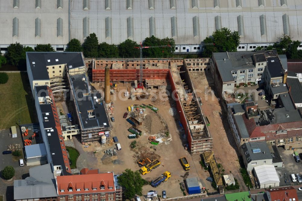 Aerial image Leipzig - View of the building lot of the former fur manufactory in the Angerstrasse in Leipzig in the state Saxony. The buildings are gutted, renovated and rebuilded into loft apartments