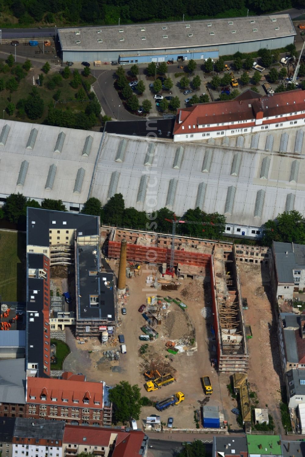 Aerial photograph Leipzig - View of the building lot of the former fur manufactory in the Angerstrasse in Leipzig in the state Saxony. The buildings are gutted, renovated and rebuilded into loft apartments