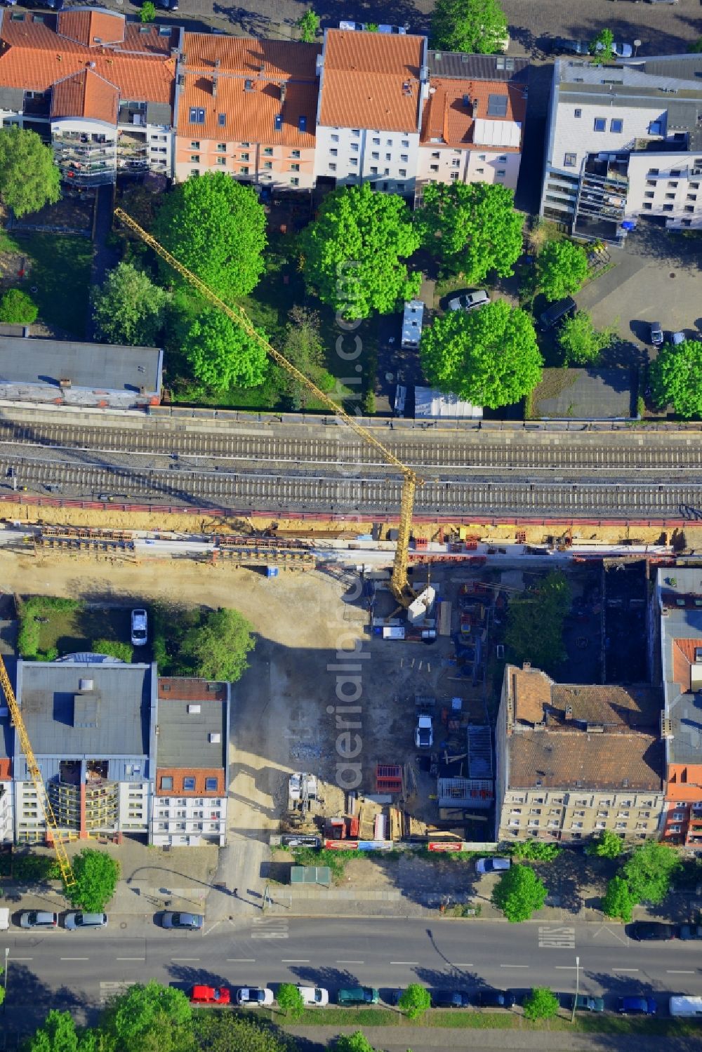 Berlin from above - Construction site in the Rummelsburg part of the district of Lichtenberg in Berlin in Germany. The construction site is located on Noeldnerstrasse on railway tracks