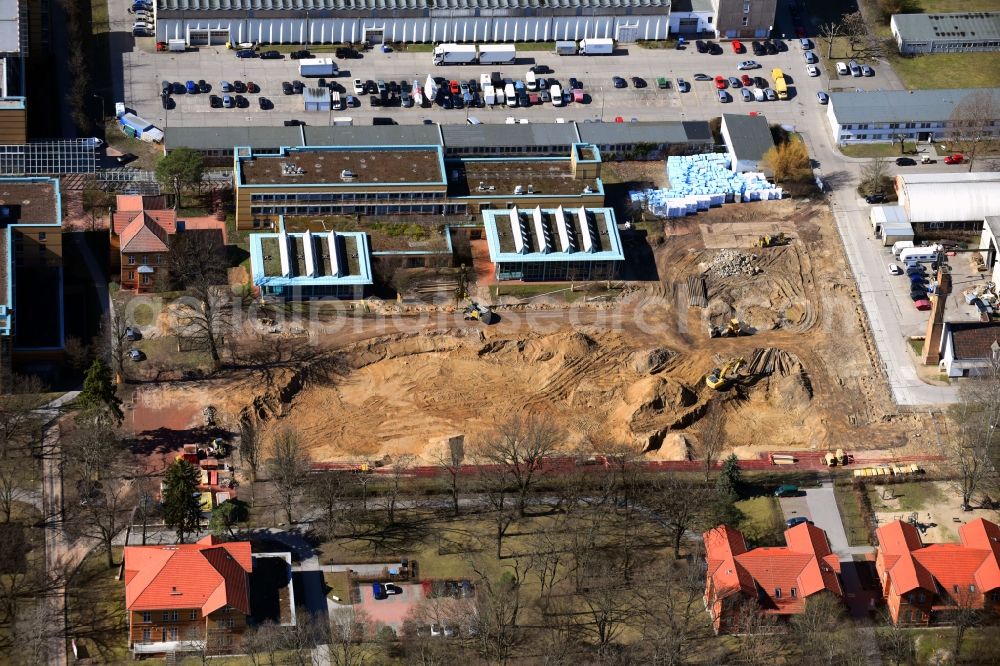 Berlin from the bird's eye view: Construction site for a new extension to the hospital grounds Arona Klinik of UKB BG Klinikum Unfallkrankenhaus Berlin gGmbH in the district Bezirk Marzahn-Hellersdorf in Berlin