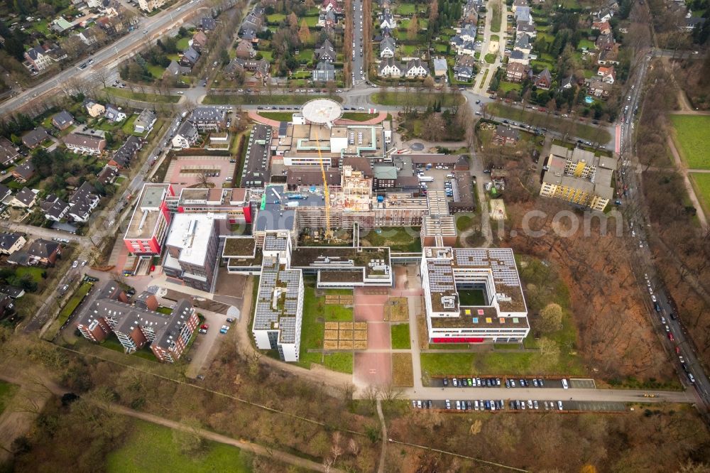 Gelsenkirchen from the bird's eye view: Construction site for a new extension to the hospital grounds Bergmannsheil and Kinderklinik Buer gGmbH Zentrum fuer Neuropaediatrie - Sozialpaediatrie in the district Buer in Gelsenkirchen in the state North Rhine-Westphalia, Germany