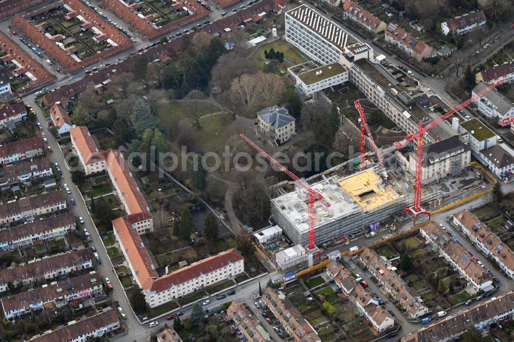 Basel from the bird's eye view: Construction site for the extension on the hospital grounds St. Claraspital in Basel, Switzerland