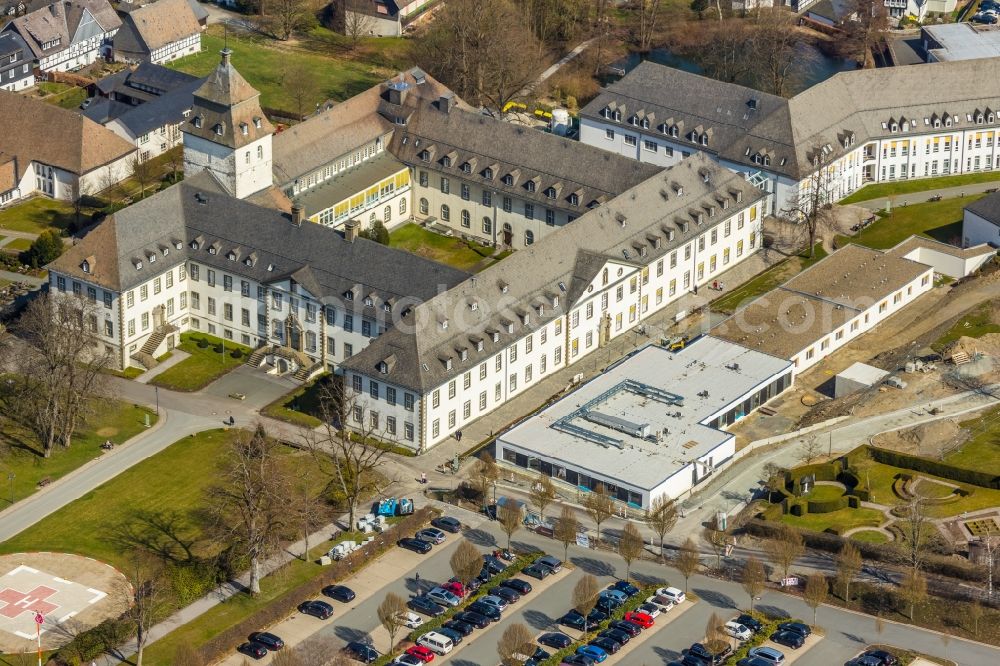 Schmallenberg from above - Construction site for a new extension to the hospital grounds Fachkronkenhaus Kloster Grafschaft on Annostrasse in Schmallenberg in the state North Rhine-Westphalia, Germany