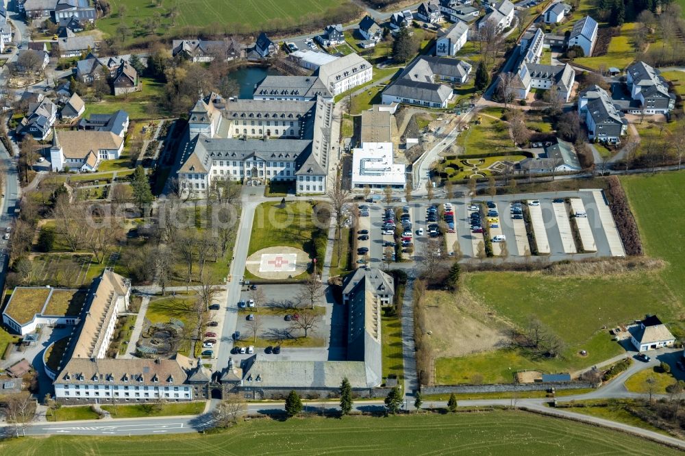 Schmallenberg from above - Construction site for a new extension to the hospital grounds Fachkronkenhaus Kloster Grafschaft on Annostrasse in Schmallenberg in the state North Rhine-Westphalia, Germany