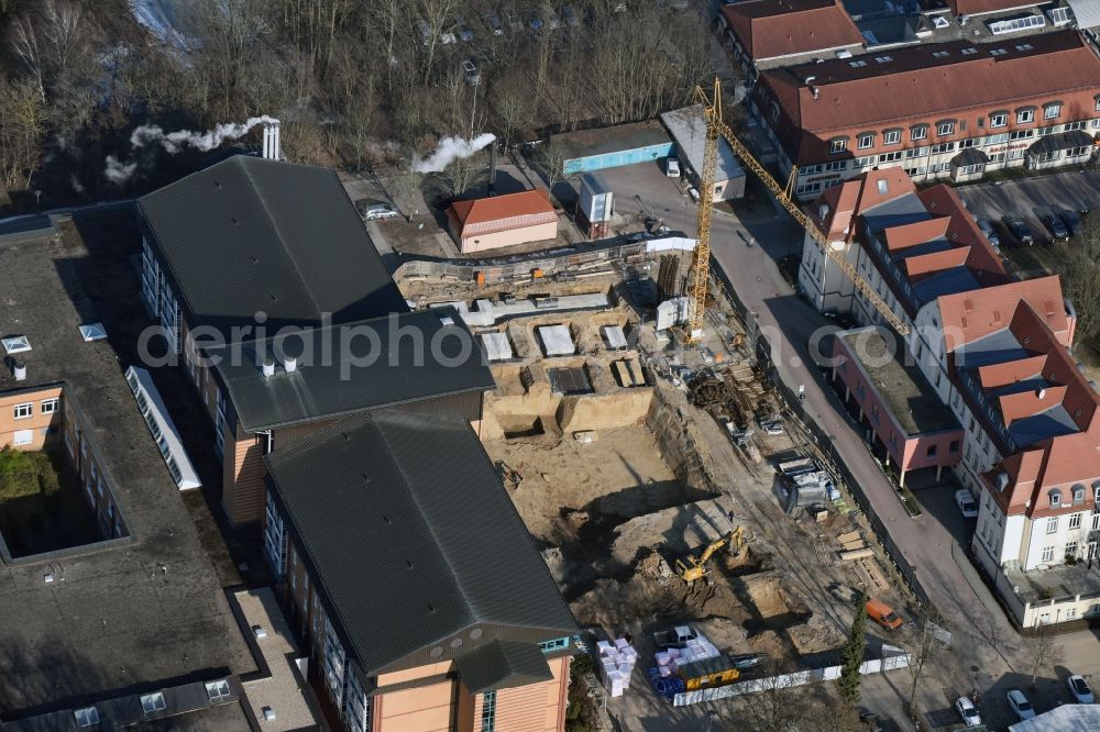 Aerial image Bernau - Construction site for a new extension to the hospital grounds Herzzentrum Brandenburg Ladeburger Strasse in Bernau in the state Brandenburg