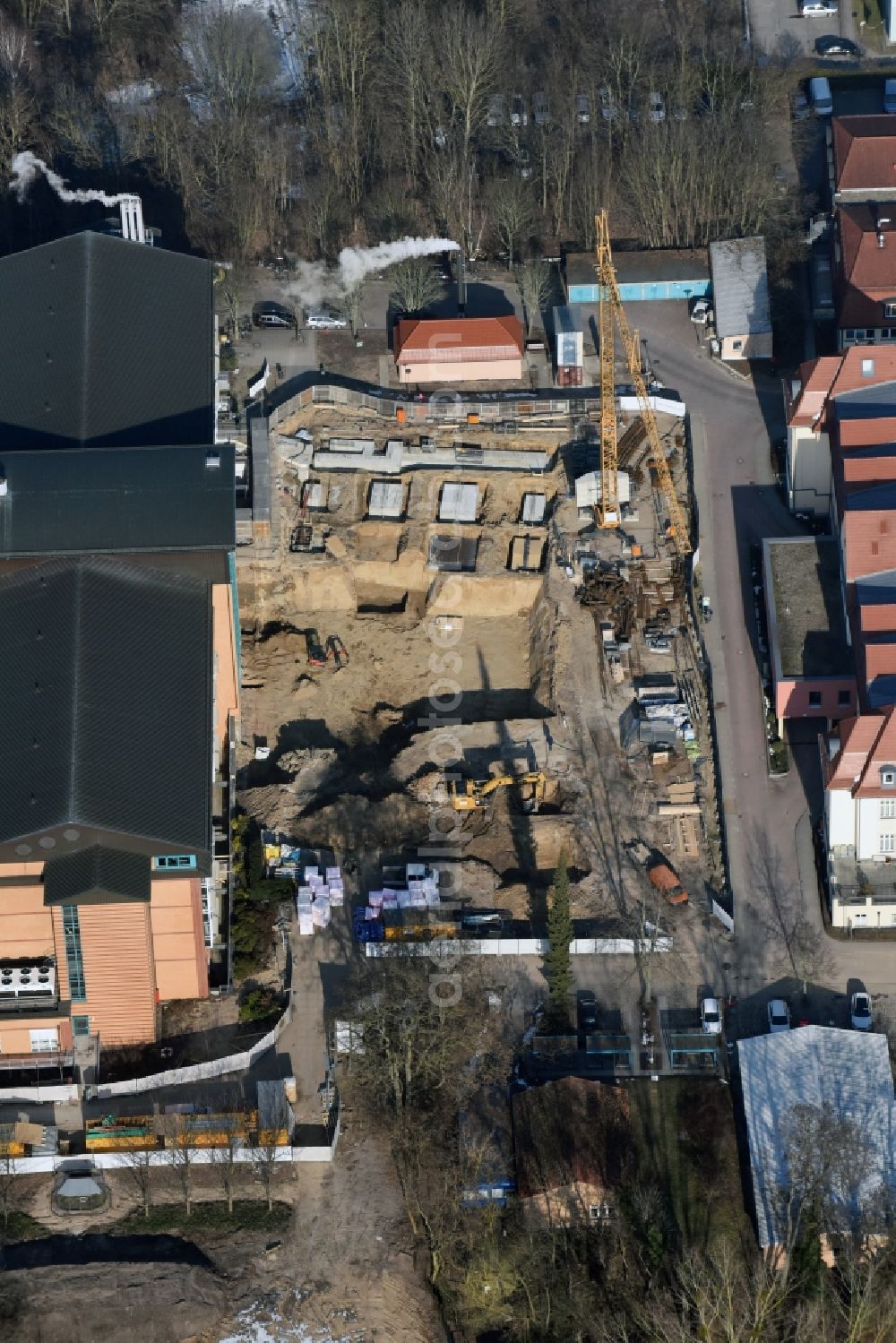 Bernau from the bird's eye view: Construction site for a new extension to the hospital grounds Herzzentrum Brandenburg Ladeburger Strasse in Bernau in the state Brandenburg