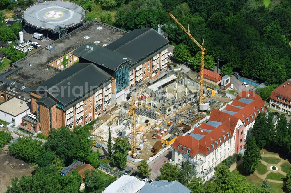 Bernau from above - Construction site for a new extension to the hospital grounds Herzzentrum Brandenburg Ladeburger Strasse in Bernau in the state Brandenburg