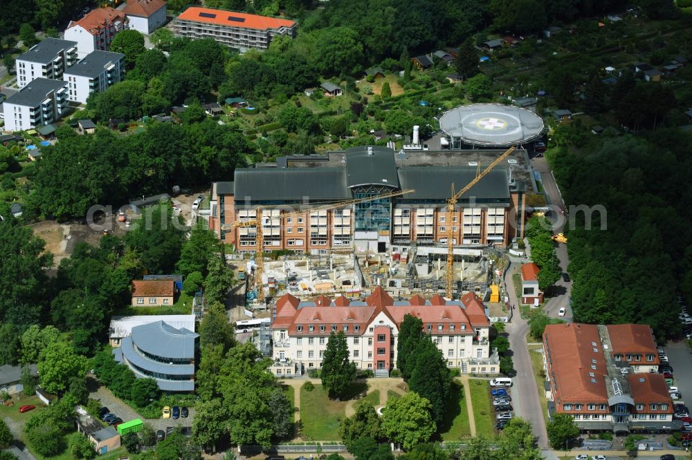 Bernau from above - Construction site for a new extension to the hospital grounds Herzzentrum Brandenburg Ladeburger Strasse in Bernau in the state Brandenburg