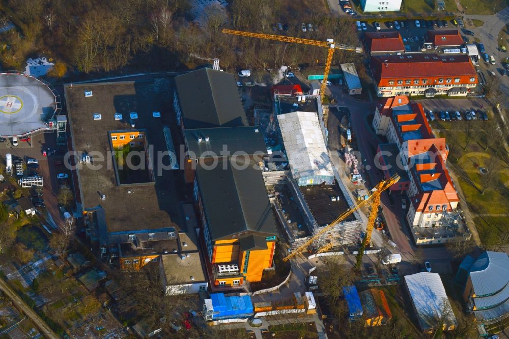 Aerial image Bernau - Construction site for a new extension to the hospital grounds Herzzentrum Brandenburg Ladeburger Strasse in Bernau in the state Brandenburg