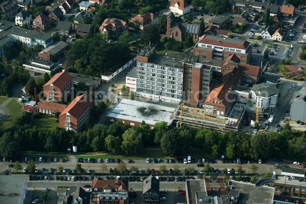 Cloppenburg from above - Construction site for a new extension to the hospital grounds St. Josefs-Hospital in Cloppenburg in the state Lower Saxony