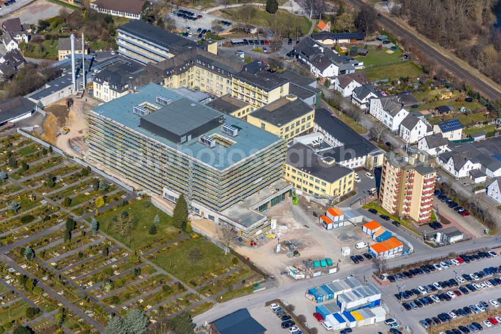 Arnsberg from above - Construction site for a new extension to the hospital grounds Klinikum Hochsauerland on street Stolte Ley in Arnsberg at Sauerland in the state North Rhine-Westphalia, Germany