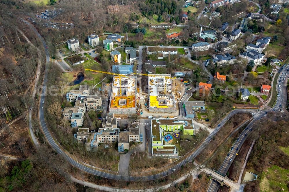 Düsseldorf from the bird's eye view: Construction site for a new extension to the hospital grounds LVR-Klinikum Grafenberg in Duesseldorf in the state North Rhine-Westphalia