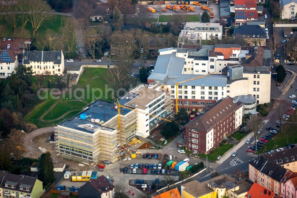 Aerial image Bochum - Construction site for a new extension to the hospital grounds Marien-Hospital on Parkstrasse in Wattenscheid in the state North Rhine-Westphalia