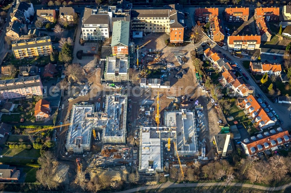 Herne from the bird's eye view: Construction site for a new extension to the hospital grounds Marienhospital-Herne II on Widumer Strasse in Herne in the state North Rhine-Westphalia, Germany