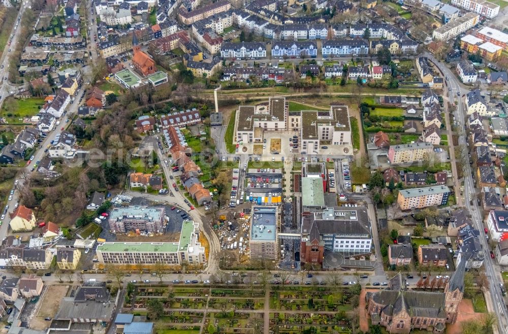 Herne from the bird's eye view: Construction site for a new extension to the hospital grounds Marienhospital-Herne II on Widumer Strasse in Herne in the state North Rhine-Westphalia, Germany