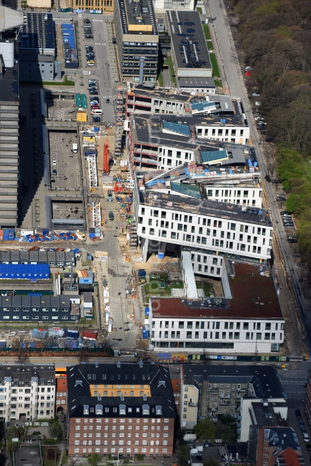 Aerial photograph Kopenhagen - Construction site for a new extension to the hospital grounds Rigshospitalet on Blegdonsvej in Copenhagen in Denmark